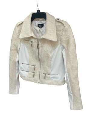 Vintage Bebe Y2K Wool Blend Boucle Cropped Moto Jacket Cream White Medium Small